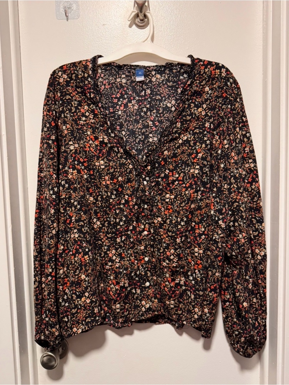 Old Navy Black Floral Button-Front Blouse with Red & Cream Sprigs